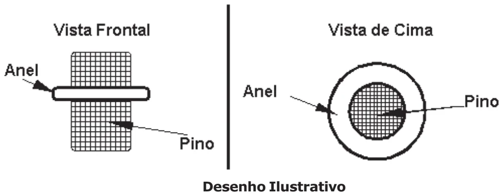 Anel envolvendo um pino, mostrado em vista frontal e vista de cima