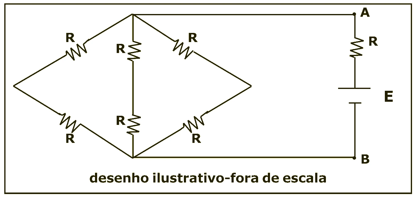 Circuito com resistores idênticos em três ramos entre A e B e um resistor em série com a fonte