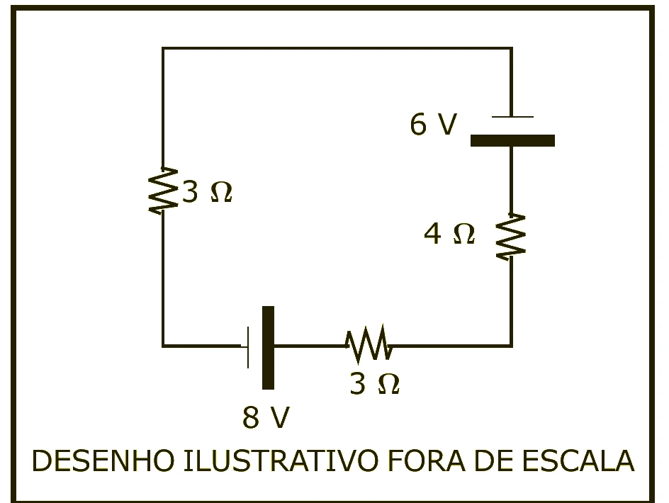 Circuito com resistores de 3 ohms, 3 ohms e 4 ohms, gerador de 8 V e receptor de 6 V