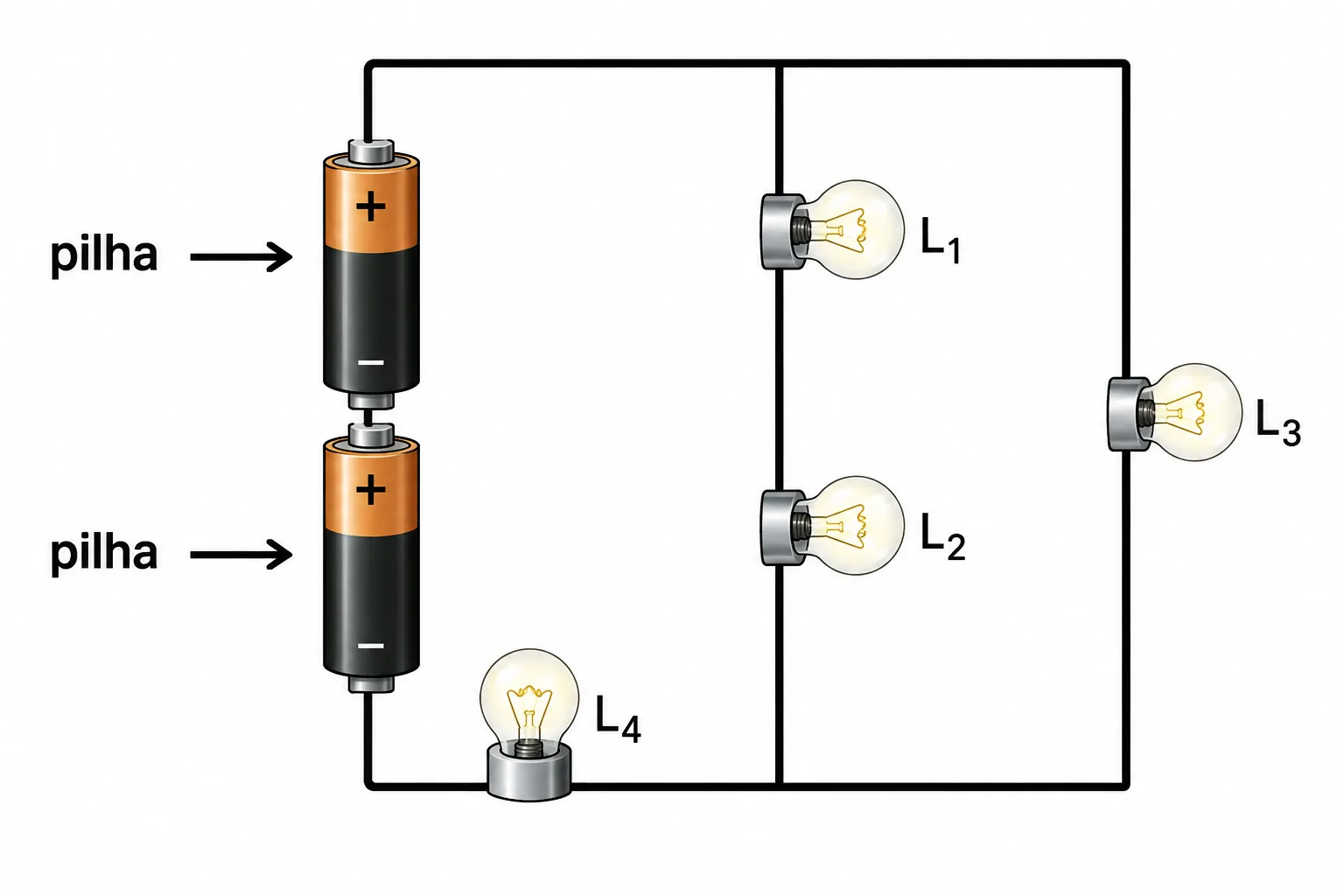 Circuito com duas pilhas em série e L₄ no ramo esquerdo, em paralelo com um ramo L₁+L₂ e outro ramo apenas com L₃