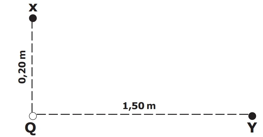 Carga Q na origem; ponto X a 0,20 m de Q; ponto Y a 1,50 m de Q, ambos ao longo do mesmo raio a partir de Q