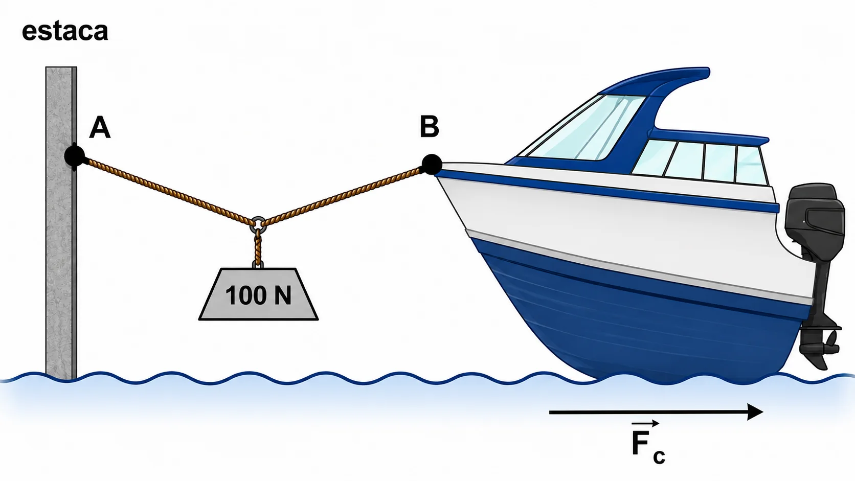 Estaca fixa à esquerda com ponto A no topo; corda descendo até um peso de 100N no meio e subindo até o ponto B, preso ao barco; força de arrasto Fc horizontal empurrando o barco para a direita