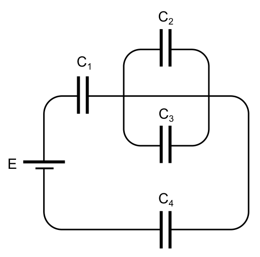Circuito impresso da questão 31, com quatro capacitores C1, C2, C3 e C4 ligados a um gerador ideal E