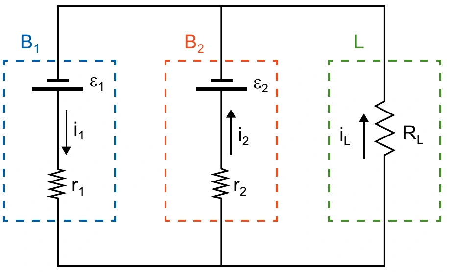 Circuito em paralelo com bateria B1, bateria B2 sendo carregada e lâmpada L