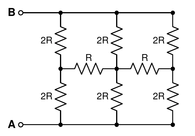 Rede de resistores: três colunas, cada uma com um resistor de 2R entre o fio superior (terminal B) e um nó central, e outro de 2R entre esse nó e o fio inferior (terminal A); os nós centrais são ligados em sequência por dois resistores R
