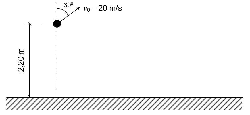 Um corpo, lançado de uma altura de 2,20 m acima do chão, com velocidade inicial de 20 m/s, formando 60 graus com a vertical