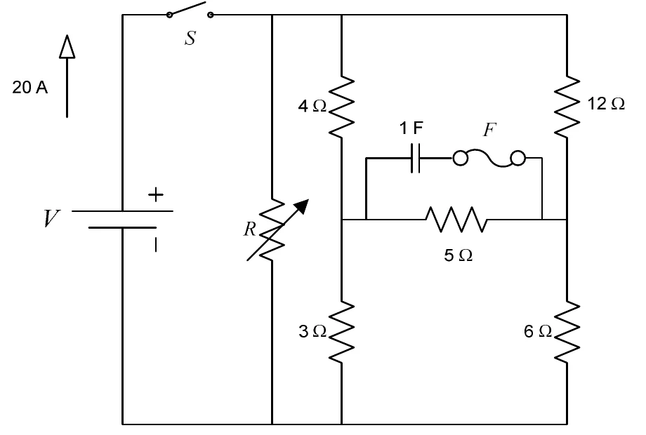 Circuito alimentado por uma bateria V, com chave S: a resistência variável R em paralelo com dois ramos, um com 4 ohms e 3 ohms em série e outro com 12 ohms e 6 ohms em série; os pontos intermediários dos dois ramos são ligados por um resistor de 5 ohms, em paralelo com um capacitor de 1 F em série com o fusível F