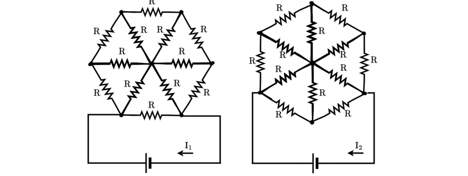 Duas redes hexagonais de resistores iguais R e baterias de mesma tensão
