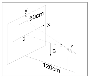 Anteparo com eixos x e y; direção inicial definida por 120 e 50 cm, campo magnético vertical para baixo.