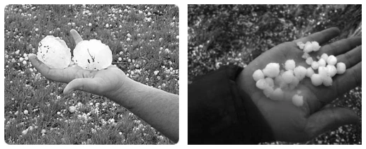 Fotografias de granizos de tamanhos diferentes.