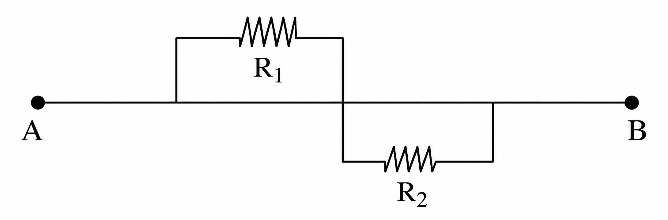 Circuito da questão 3: um fio ideal liga A diretamente a B e coloca os resistores R₁ e R₂ em curto-circuito.