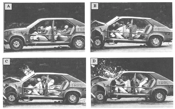 Sequência A, B, C e D de um teste de colisão automobilística da questão 11 da UFAC 2010