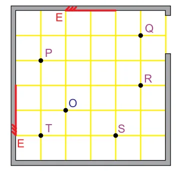 Sala com dois espelhos planos e os pontos P, Q, R, S, T e observador O da questão 47