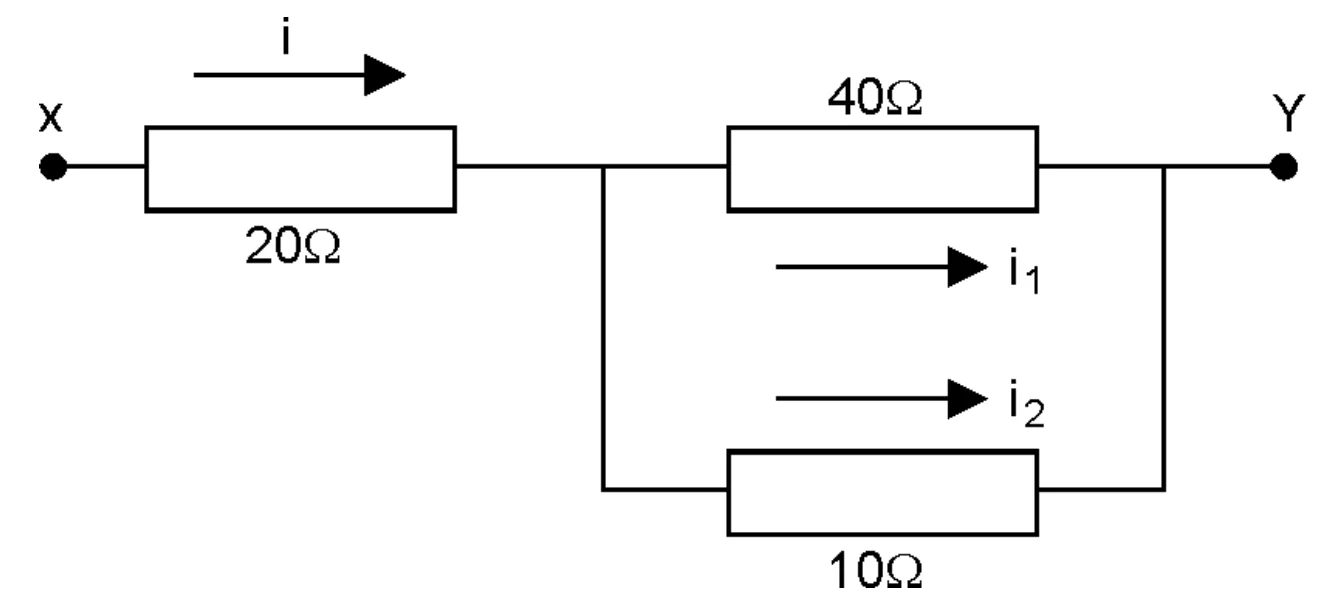 Circuito com resistor de 20 ohms em série com ramos de 40 e 10 ohms
