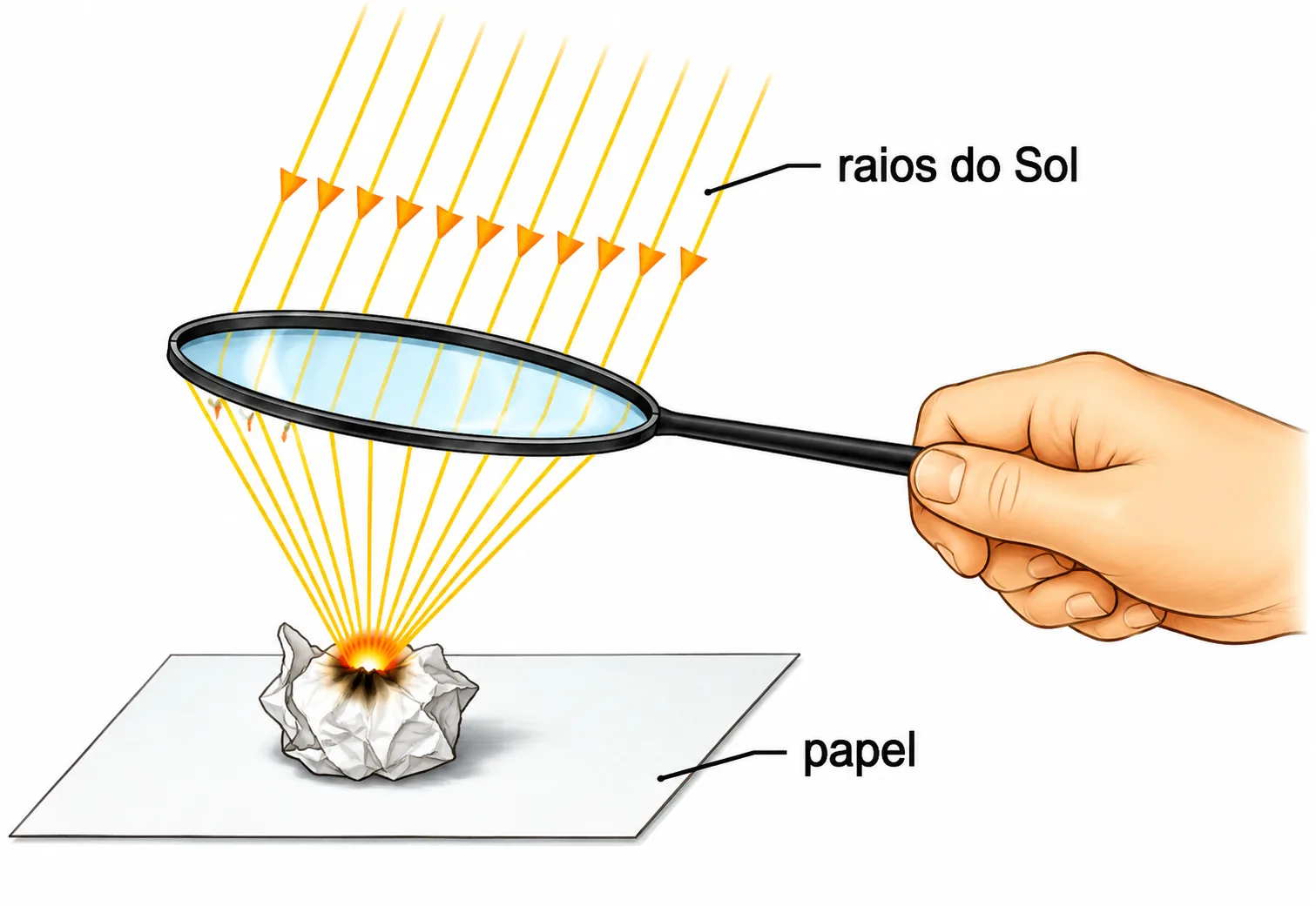 Lente convergente concentrando raios solares sobre uma folha de papel