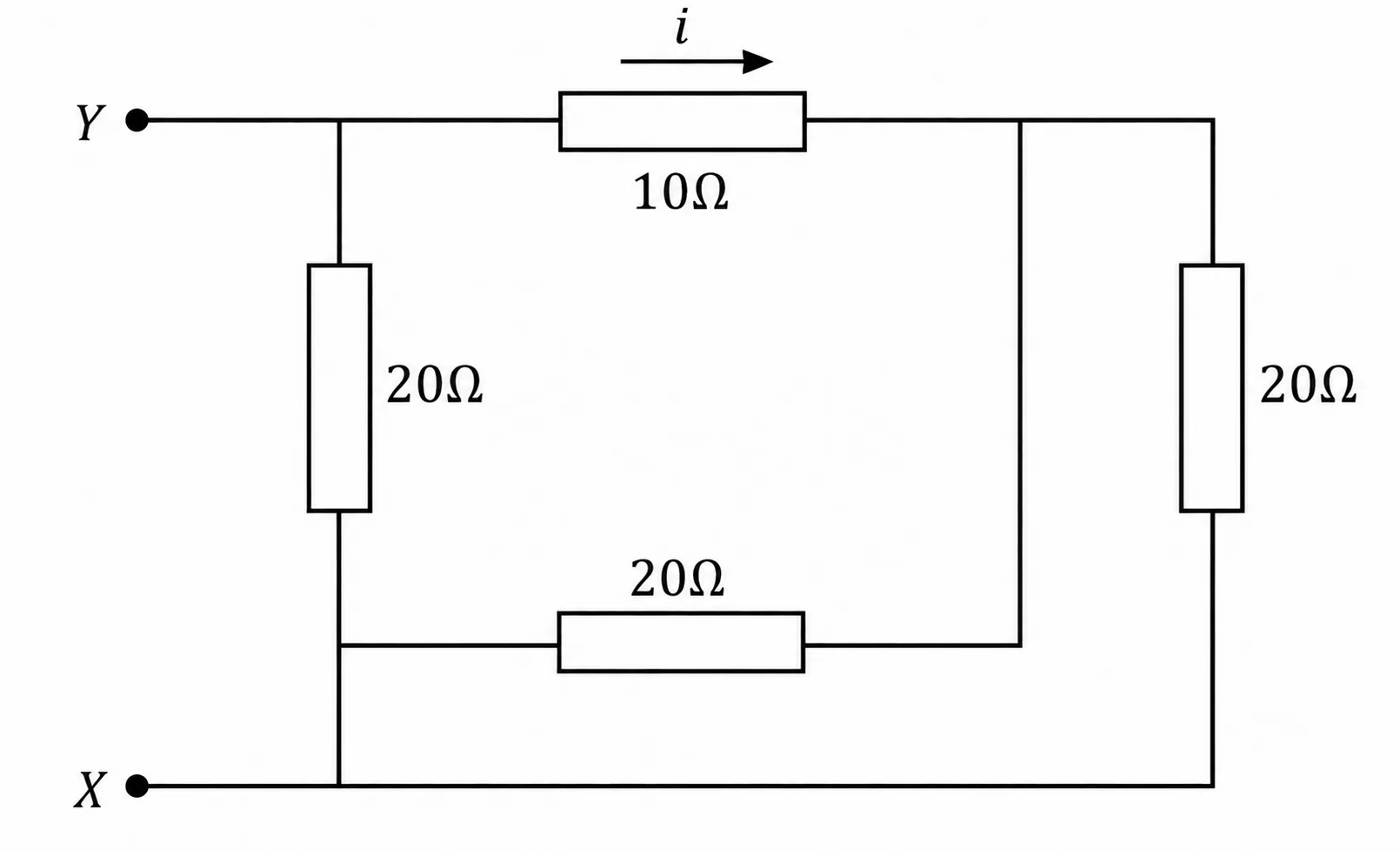 Circuito elétrico entre X e Y com resistores de 10 e 20 ohms