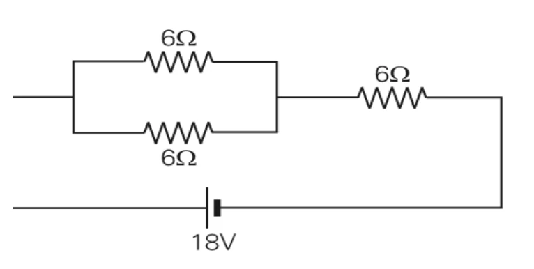 Circuito com três resistores de 6 ohms e gerador de 18 volts