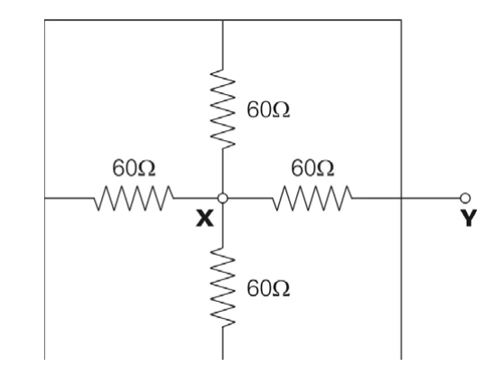 Circuito com quatro resistores de 60 ohms ligados entre os terminais X e Y