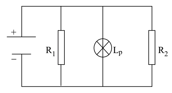 Circuito elétrico em paralelo com os resistores R1 e R2 e a lâmpada Lp.