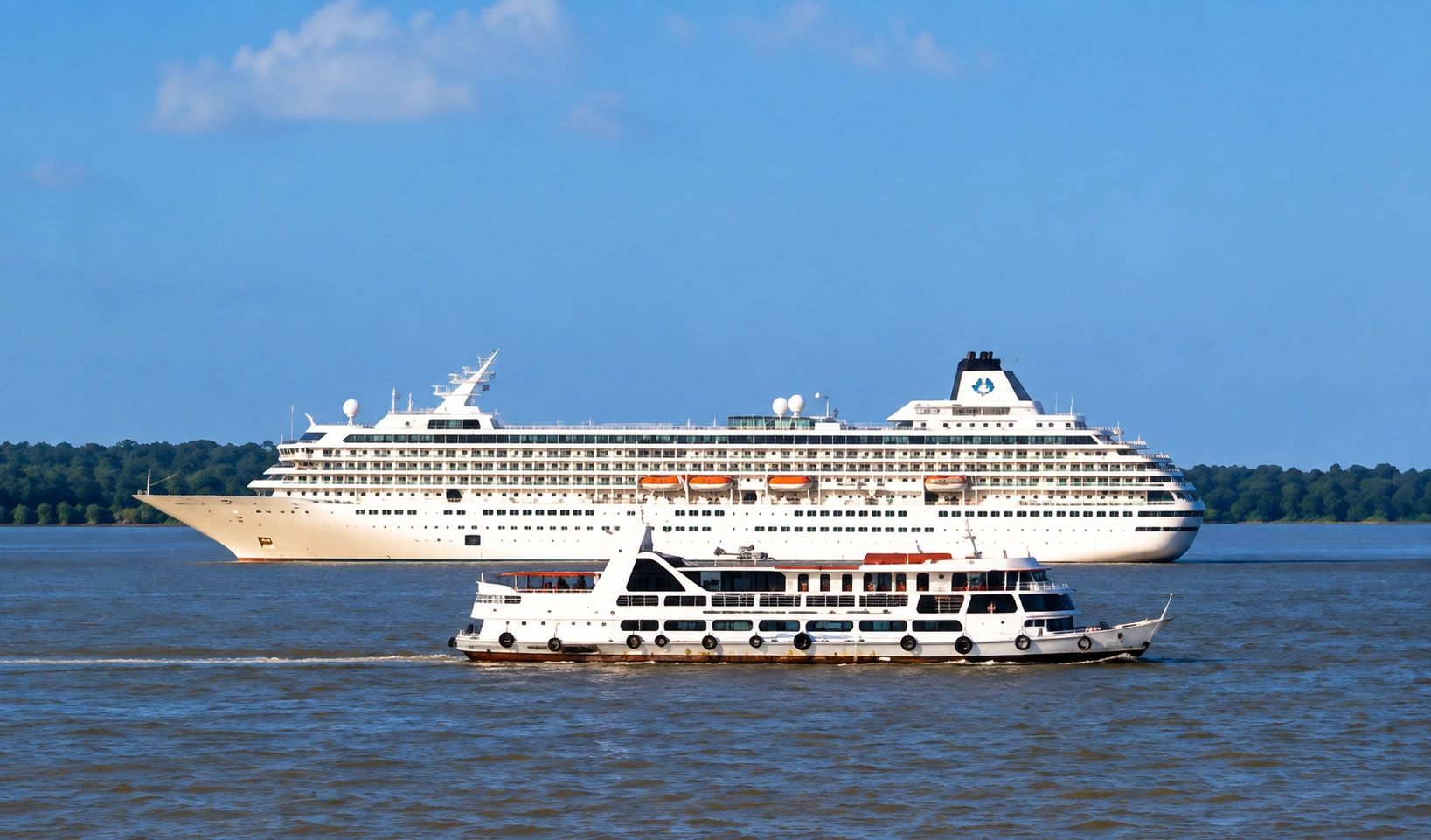 Navio de cruzeiro Crystal Symphony ao fundo e uma embarcação menor em primeiro plano, navegando em sentido contrário.