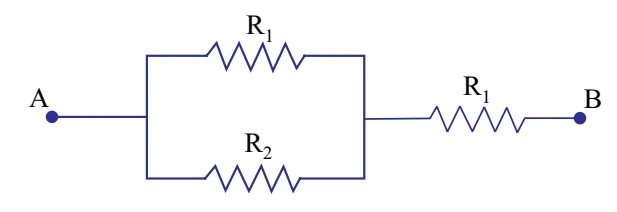 Circuito com R1 e R2 em paralelo, associado em série a outro resistor R1 entre os pontos A e B.