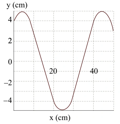 Gráfico do deslocamento transversal y, em centímetros, em função da posição x, em centímetros, para uma onda transversal.