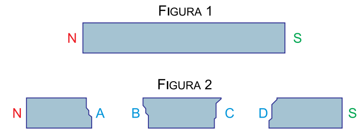 Figura 1: ímã em barra com polo N à esquerda e S à direita. Figura 2: o ímã partido em três pedaços, com faces N e A, B e C, D e S.