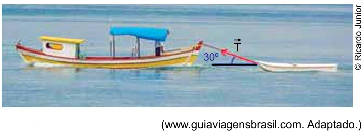 Canoa rebocada; força de tração de 120 N formando 30° com a horizontal