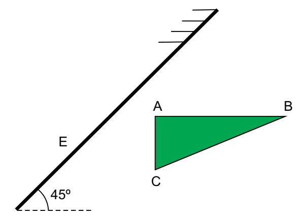 Objeto triangular ABC diante de um espelho plano E inclinado de 45 graus.