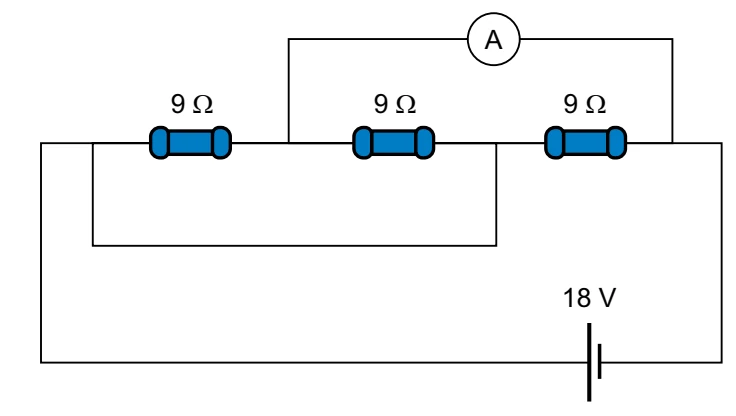 Circuito com três resistores de 9 ohms, gerador de 18 V e amperímetro.
