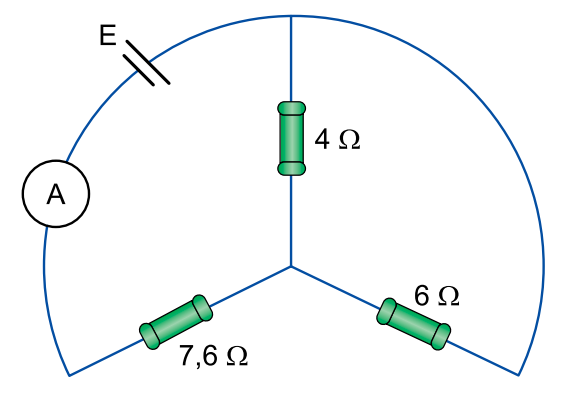 Circuito elétrico com bateria, amperímetro e resistores de 4 ohms, 6 ohms e 7,6 ohms.