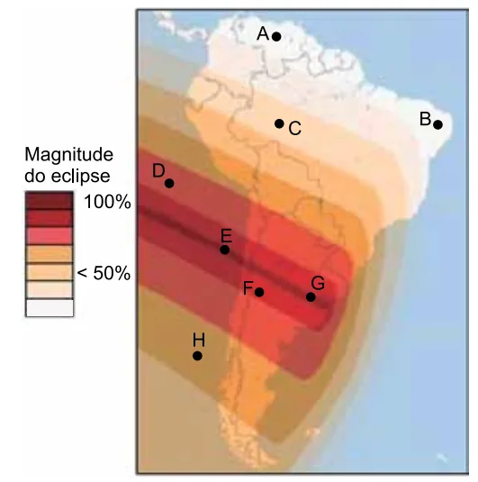 Mapa da América do Sul mostrando a magnitude do eclipse solar de 02/07/2019 com pontos A a H marcados