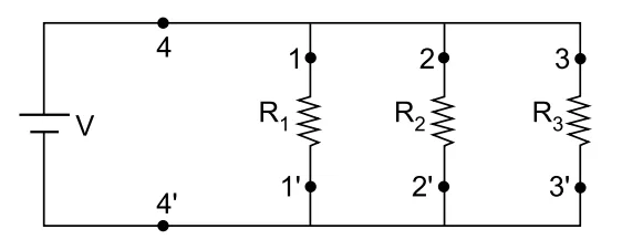 Circuito elétrico com três resistores R₁, R₂ e R₃ em paralelo conectados a fonte de tensão V, com pontos de medição 1, 1', 2, 2', 3, 3', 4 e 4' indicados