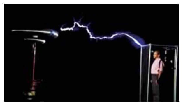 Pessoa no interior de uma Gaiola de Faraday submetida a descarga de uma Bobina de Tesla