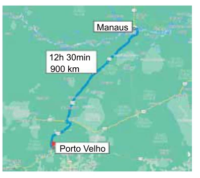 Mapa do trajeto Porto Velho–Manaus com 900 km e 12 h 30 min