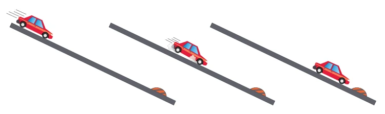 Sequência de um carro descendo uma rampa, freando e parando antes de uma lombada