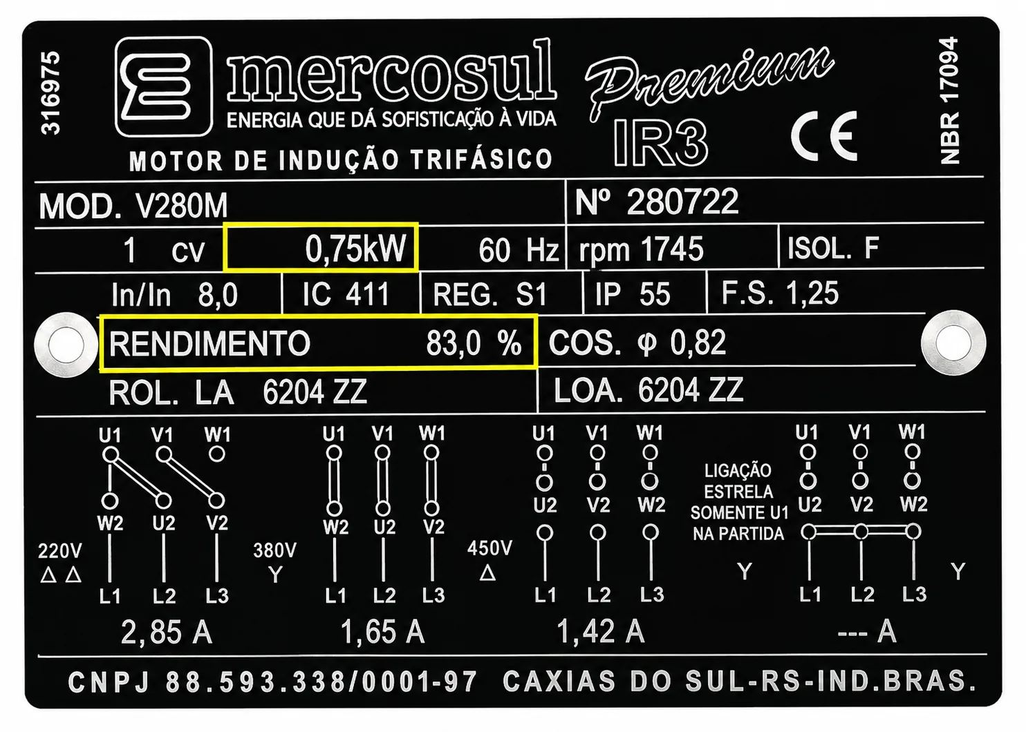 Placa técnica do motor elétrico com destaque em 0,75 kW e rendimento de 83,0%