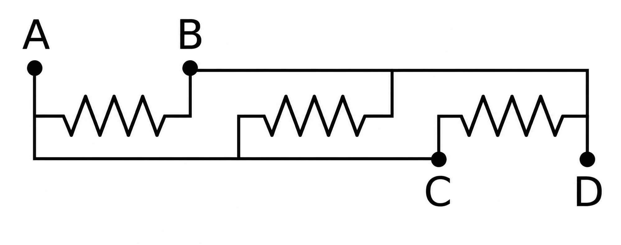 Circuito com três resistores de 30 Ω. Ponto A à esquerda, ponto D à direita. Dois resistores em paralelo entre A e o nó superior B, e um terceiro resistor entre A e o nó inferior (mesmo que D). Os pontos B e D estão conectados diretamente.