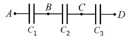 Três capacitores C1, C2 e C3 ligados em série entre os pontos A e D, com os pontos intermediários B e C