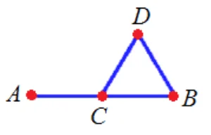 Quatro pedaços de fio: dois alinhados entre A, C e B, e dois formando, com o trecho C a B, um triângulo com o vértice D