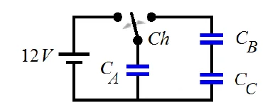 Circuito com bateria de 12 V, chave Ch, capacitor CA e, em outro ramo, os capacitores CB e CC em série