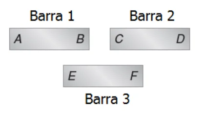 Três barras: a barra 1 com extremos A e B, a barra 2 com extremos C e D e a barra 3, abaixo, com extremos E e F