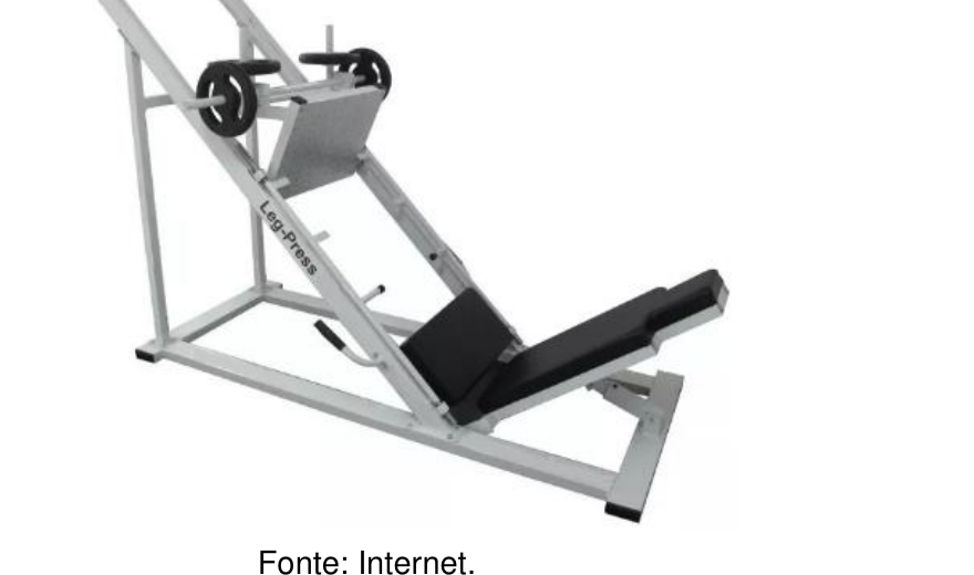 Aparelho Leg-Press, com trilhos inclinados sobre os quais desliza a parte móvel com o apoio para os pés