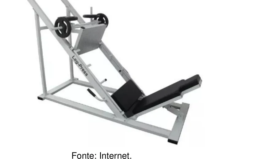 Aparelho Leg-Press, com trilhos inclinados sobre os quais desliza a parte móvel com o apoio para os pés