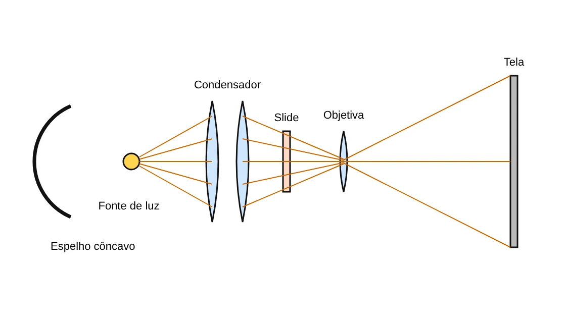 Esquema simplificado de um projetor: espelho côncavo, fonte de luz no seu centro de curvatura, condensador de duas lentes, slide, lente objetiva e tela