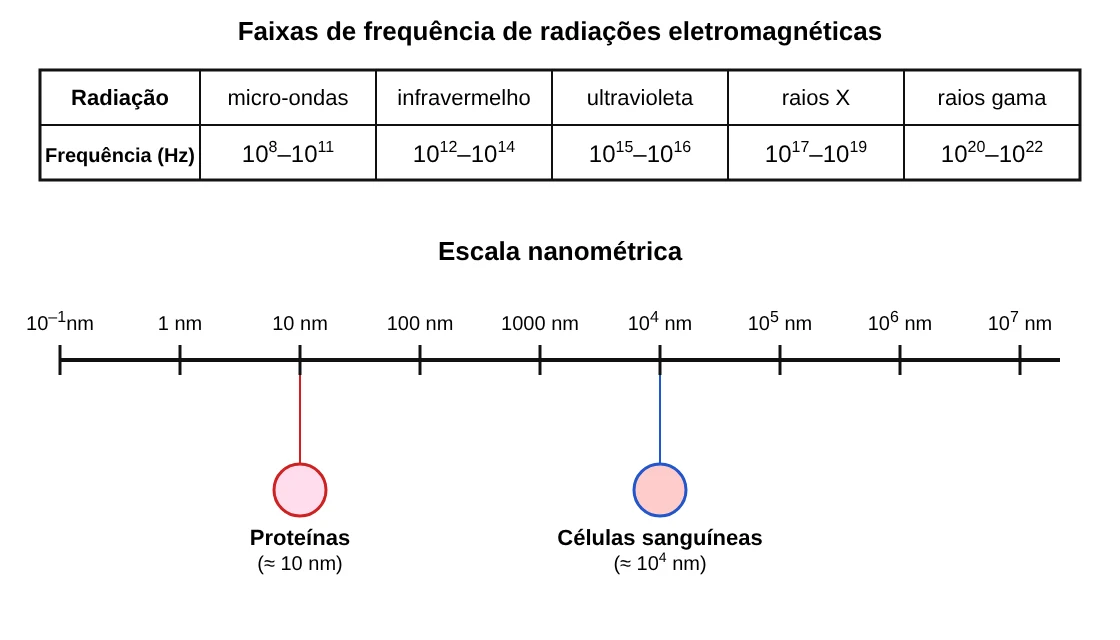 Tabela com as faixas de frequência das radiações eletromagnéticas (micro-ondas, infravermelho, ultravioleta, raios X e raios gama) e escala nanométrica indicando proteínas, de cerca de 10 nm, e células sanguíneas, de cerca de 10 mil nm