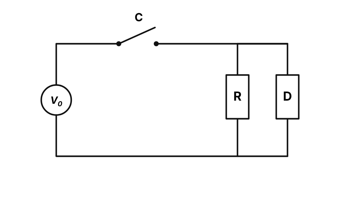 Circuito com fonte de tensão V0, chave C em série e, em paralelo, o resistor R e o dispositivo D