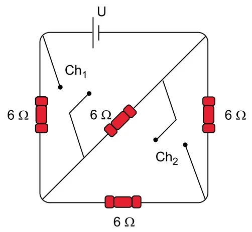 Circuito quadrado com quatro resistores de 6 ohms e duas chaves