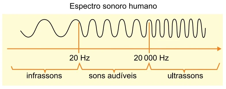 Espectro sonoro humano mostrando infrassons, sons audíveis e ultrassons