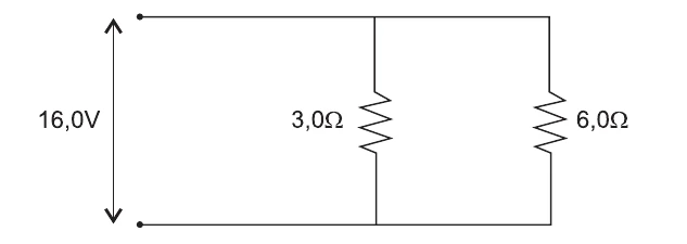 Bateria de 16,0 V ligada em paralelo a dois resistores, de 3,0 ohms e de 6,0 ohms